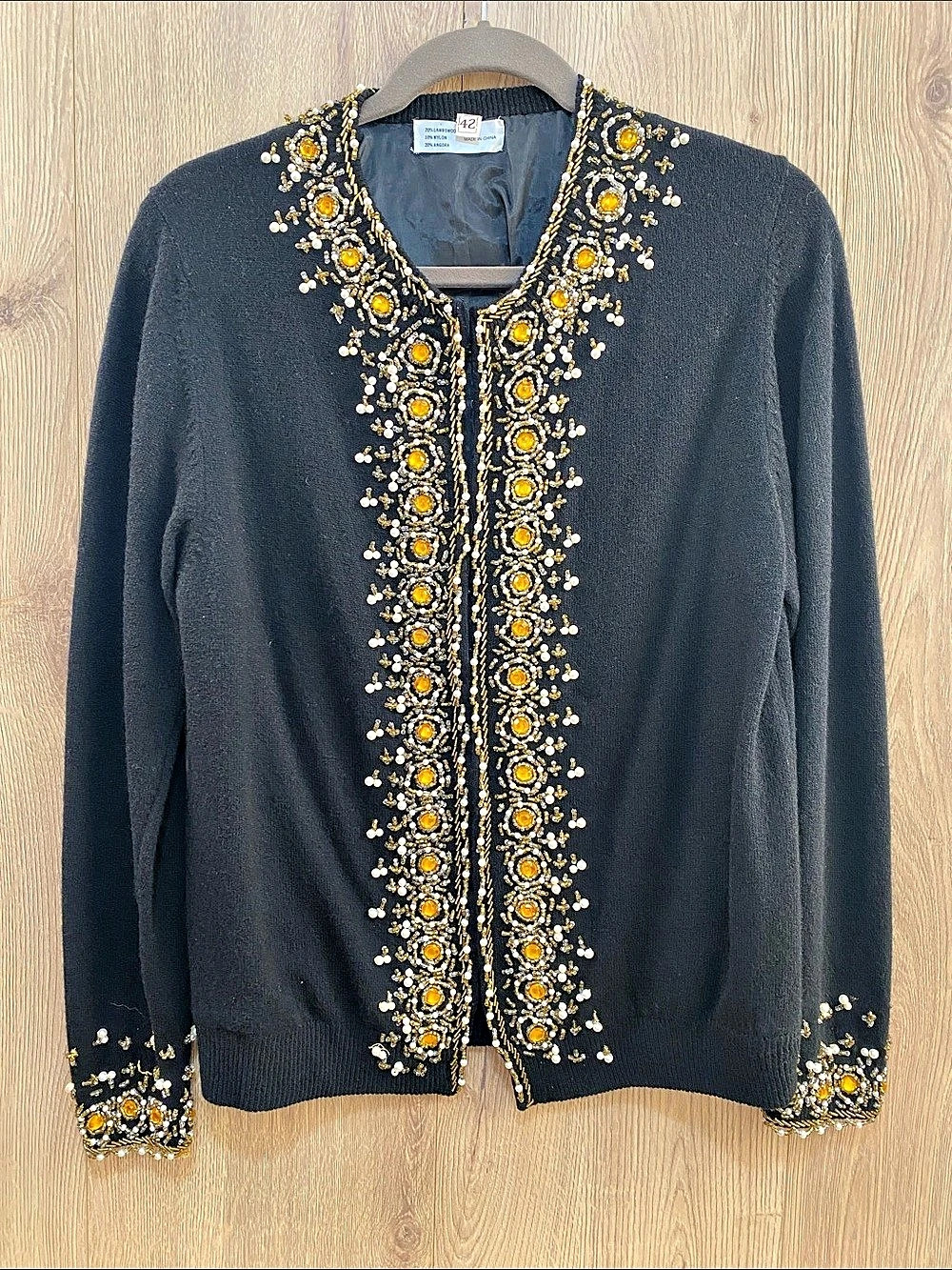 Vintage Heavily Beaded & Jeweled Open Front Cardigan Sweater - Size 42 (M/L)